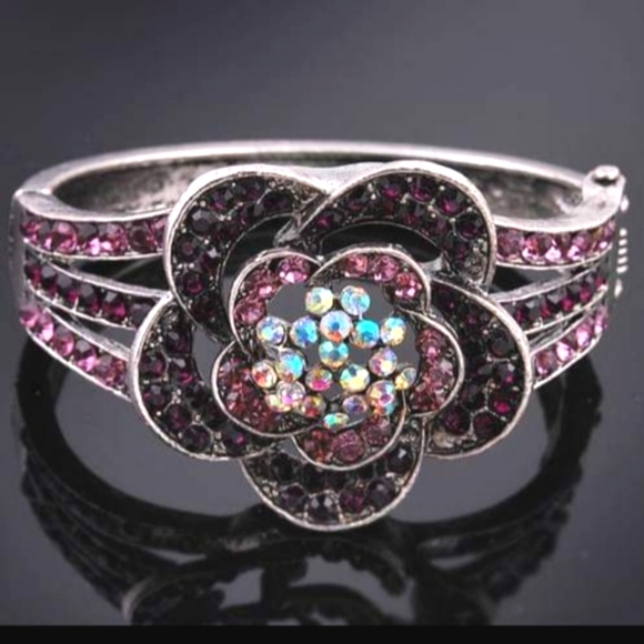 Purple Diamante Crystal Flower Cuff Bangle - Picture 7 of 13